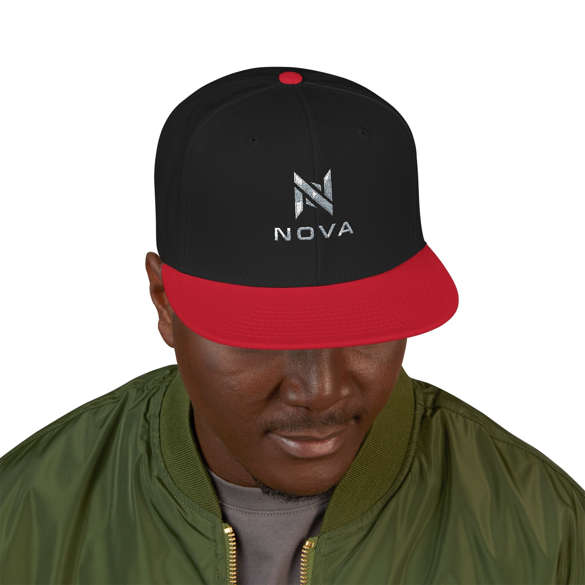 Embroidered Nova Snapback Hat – Black/Charcoal Flat Brim Cap