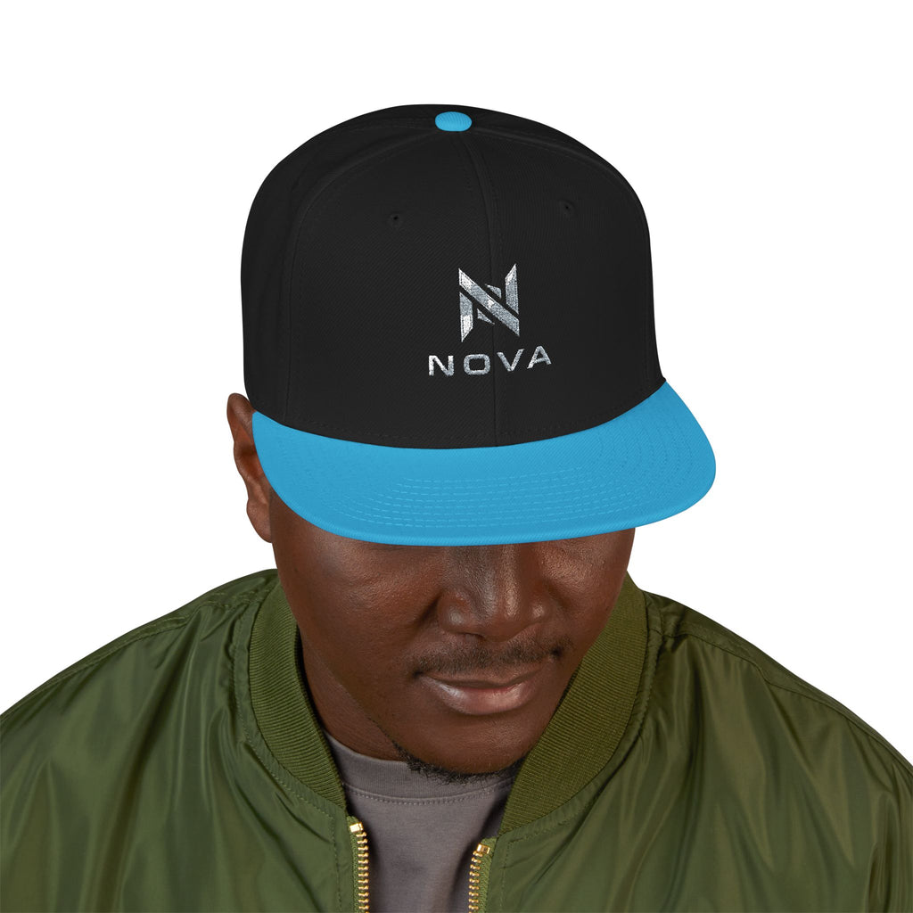 Embroidered Nova Snapback Hat – Black/Charcoal Flat Brim Cap