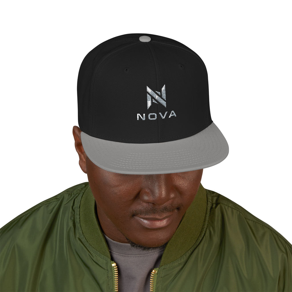 Embroidered Nova Snapback Hat – Black/Charcoal Flat Brim Cap