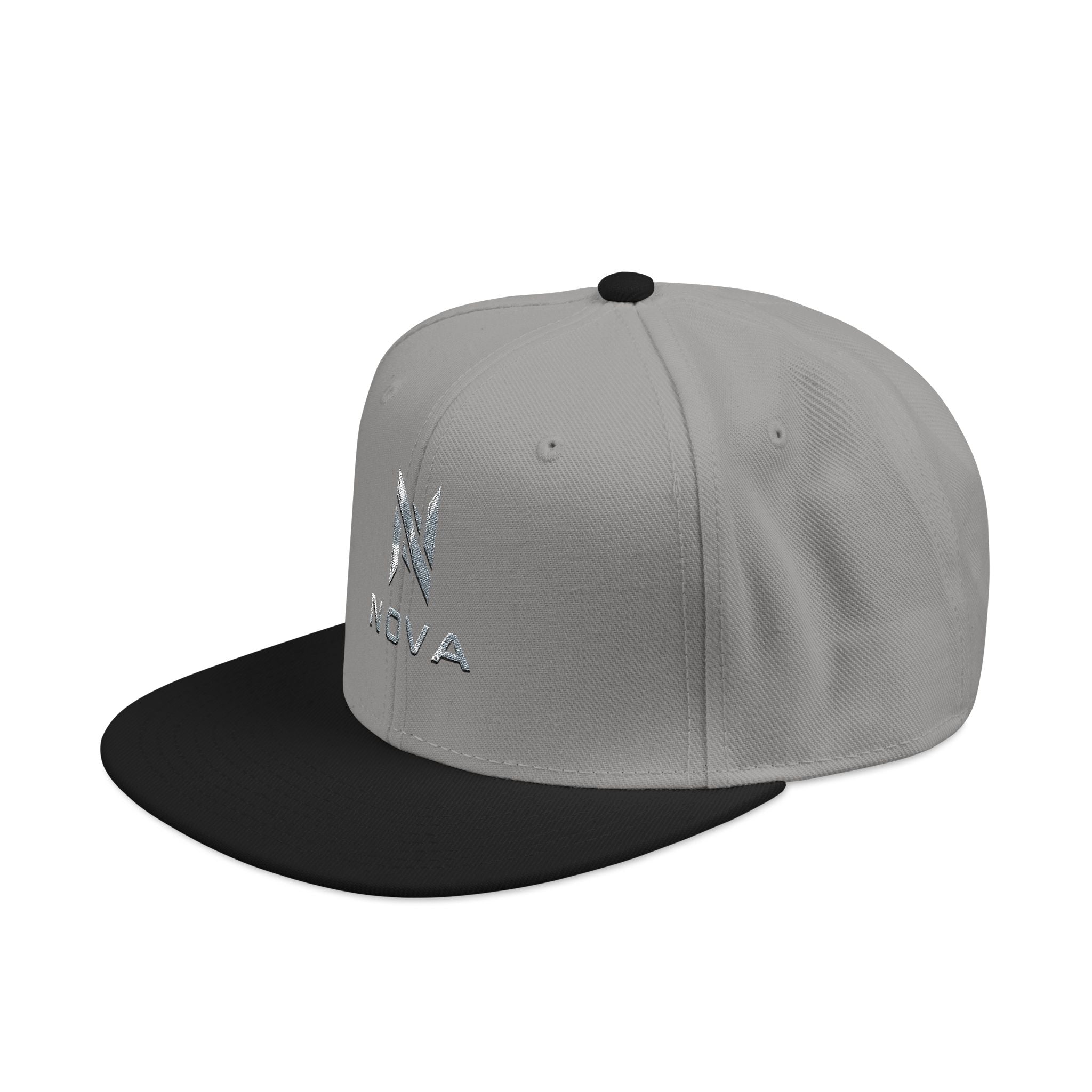Embroidered Nova Snapback Hat – Black/Charcoal Flat Brim Cap