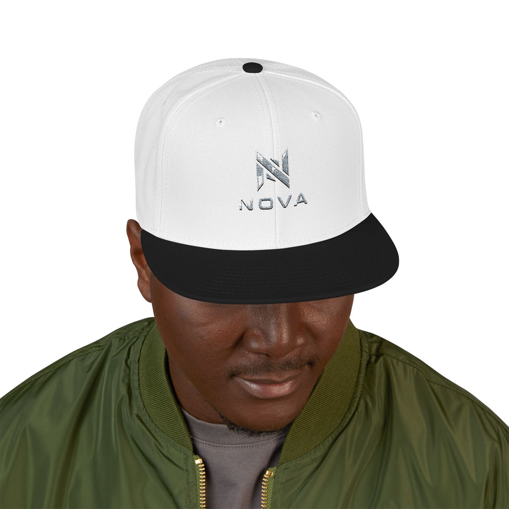 Embroidered Nova Snapback Hat – Black/Charcoal Flat Brim Cap