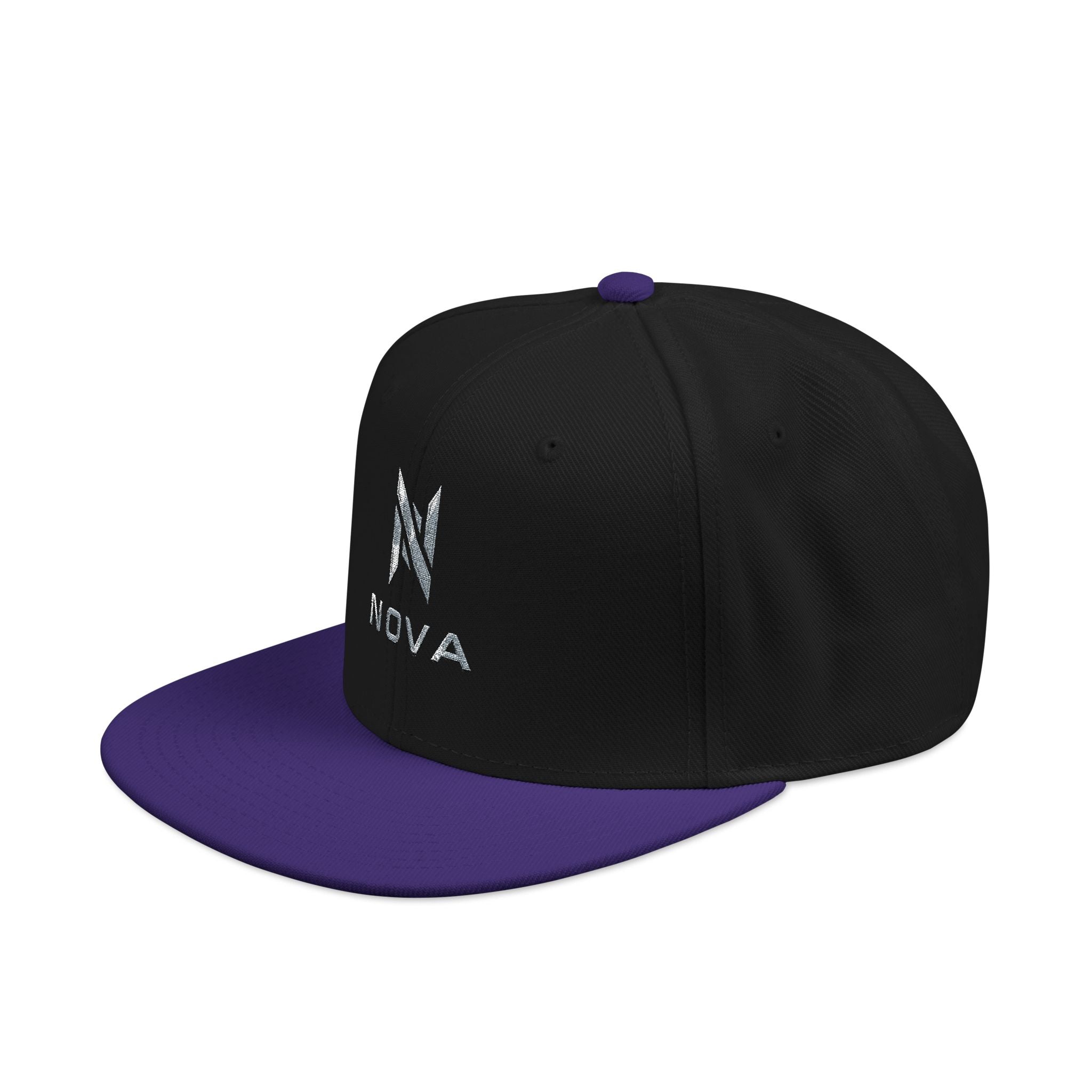 Embroidered Nova Snapback Hat – Black/Charcoal Flat Brim Cap