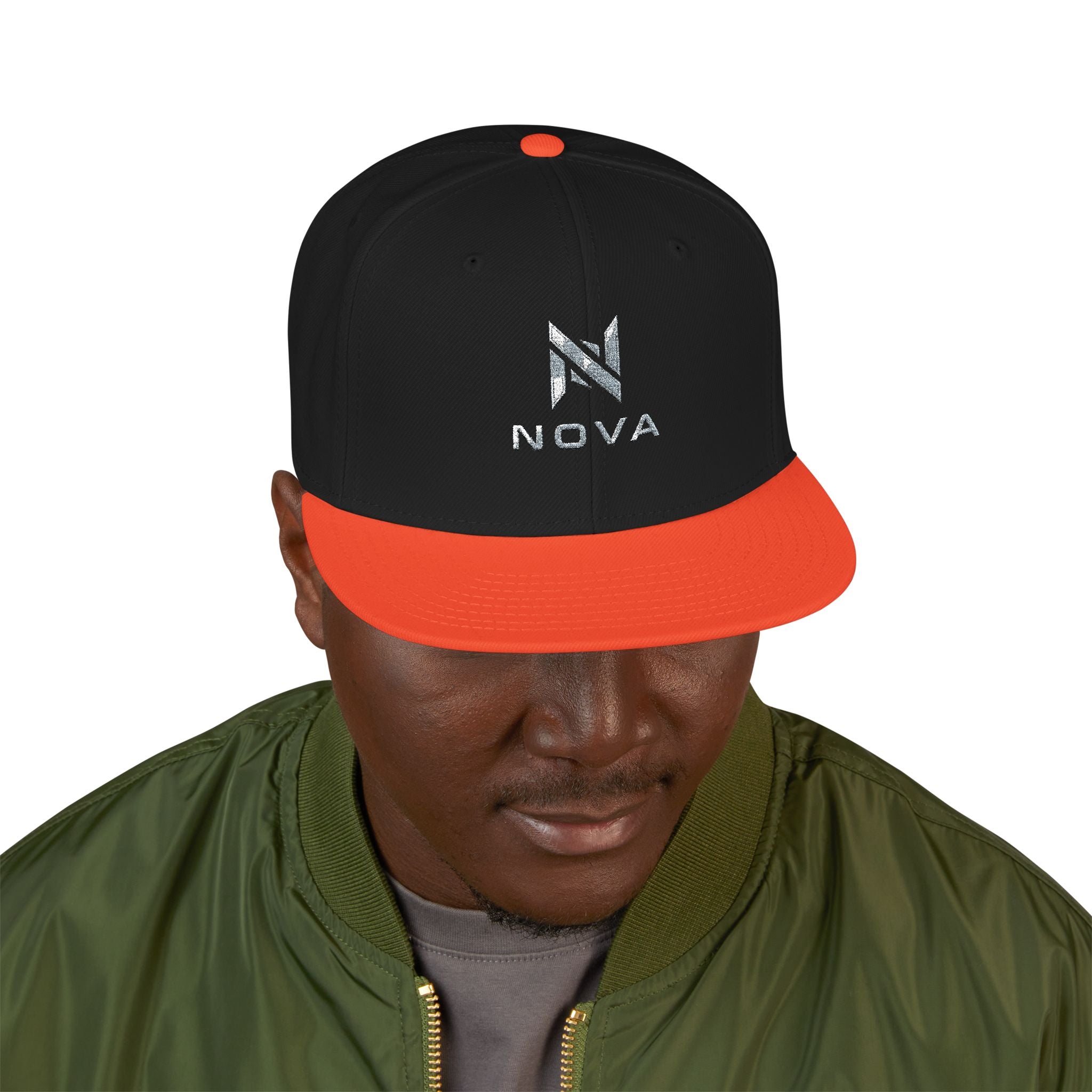 Embroidered Nova Snapback Hat – Black/Charcoal Flat Brim Cap