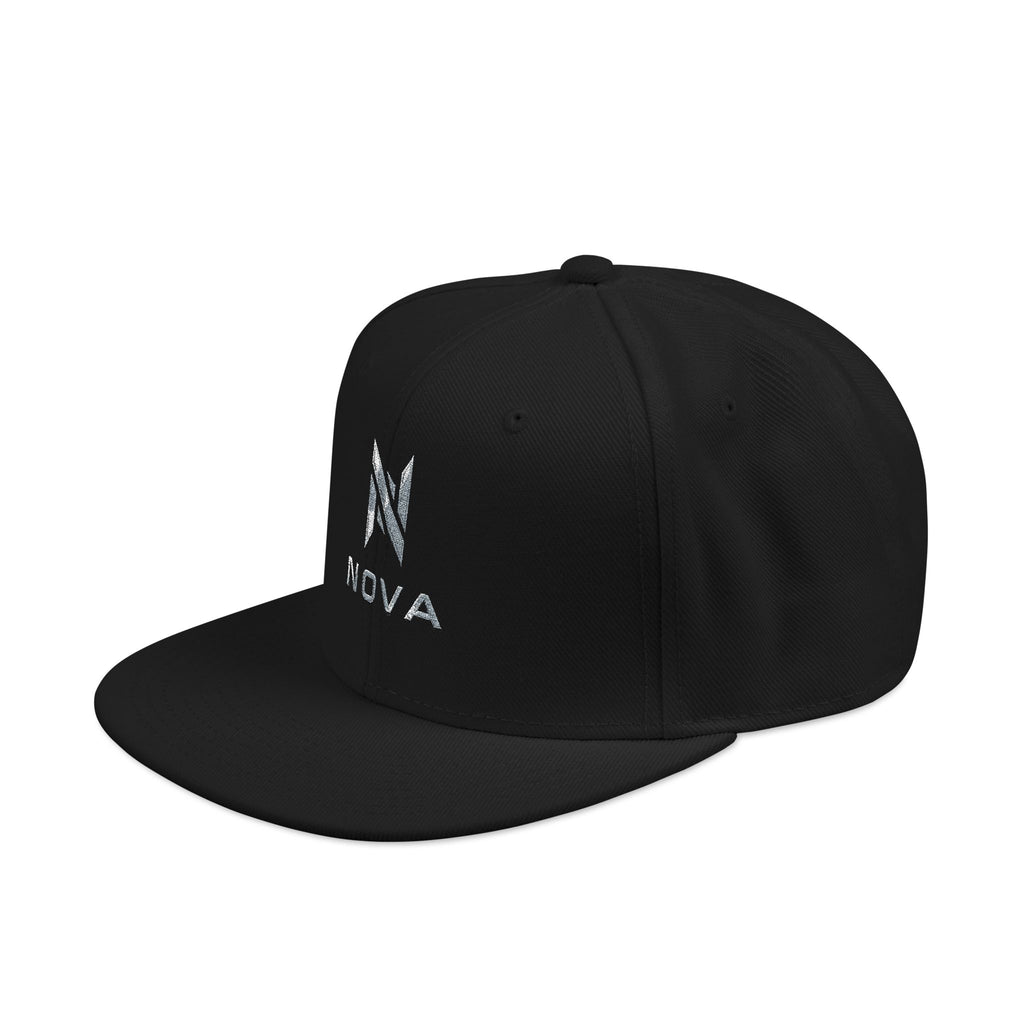 Embroidered Nova Snapback Hat – Black/Charcoal Flat Brim Cap