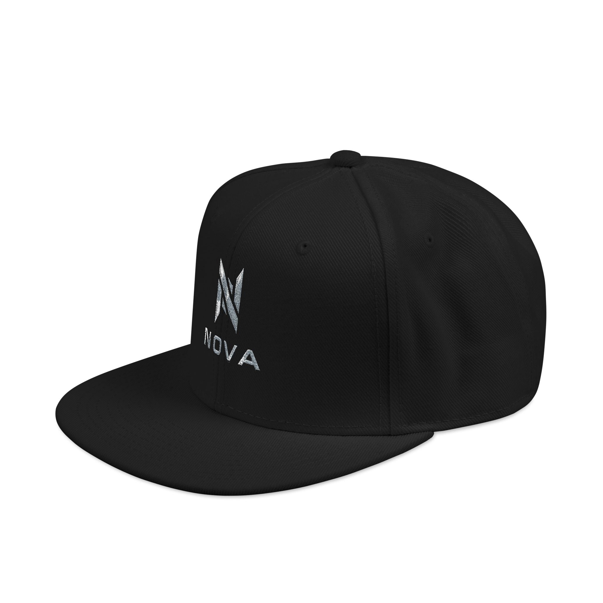 Embroidered Nova Snapback Hat – Black/Charcoal Flat Brim Cap