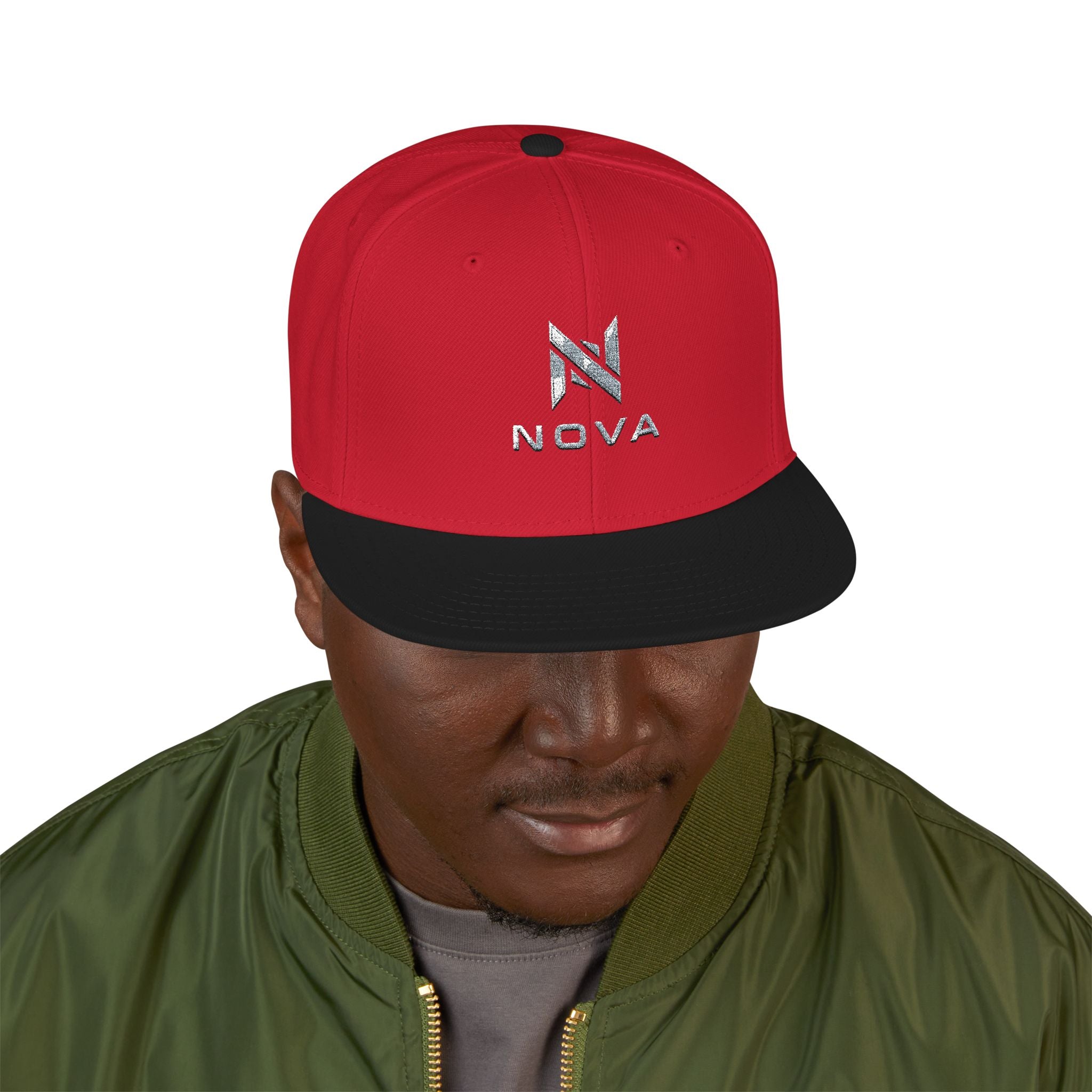 Embroidered Nova Snapback Hat – Black/Charcoal Flat Brim Cap