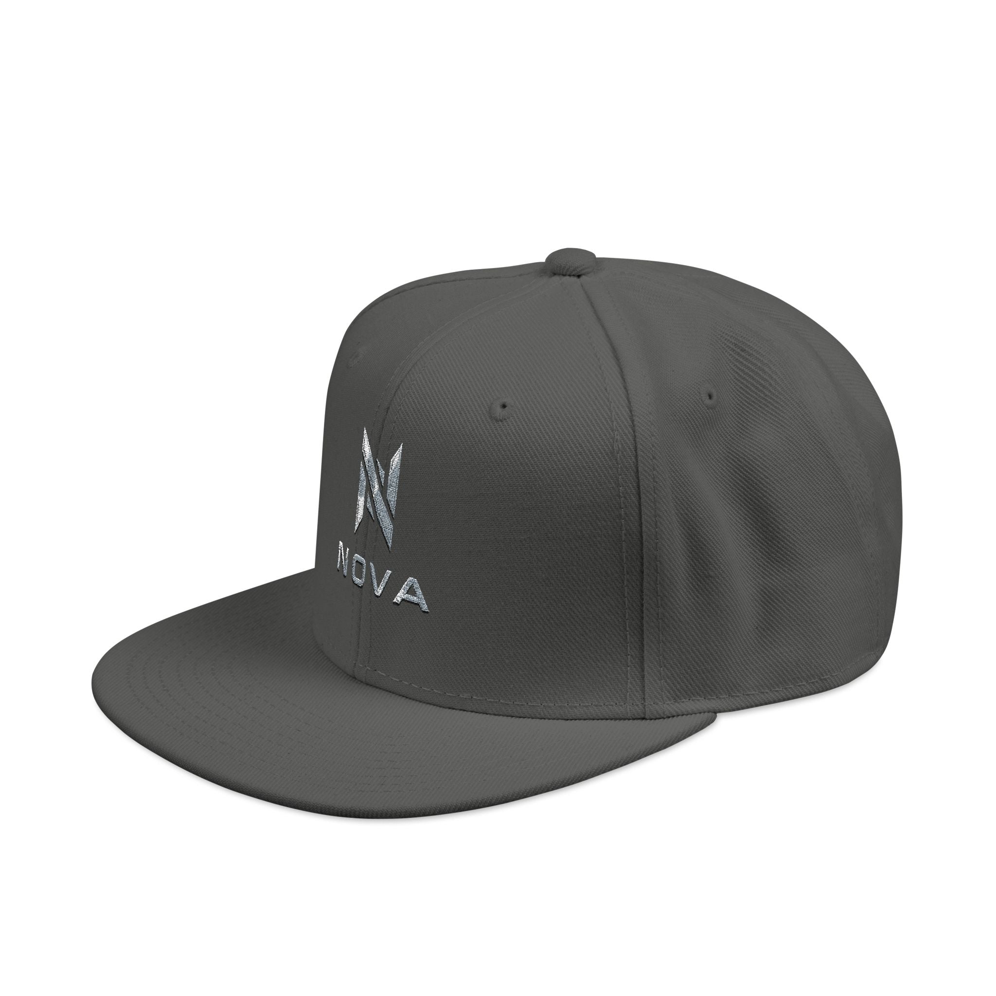 Embroidered Nova Snapback Hat – Black/Charcoal Flat Brim Cap