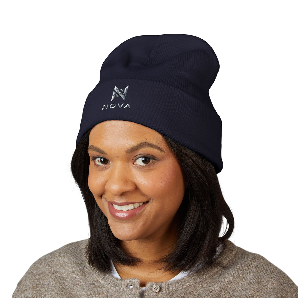 Embroidered Nova Cuffed Beanie — Classic Knit Winter Hat