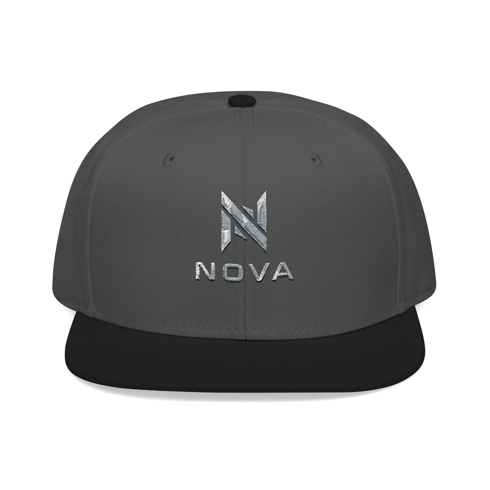 Embroidered Nova Snapback Hat – Black/Charcoal Flat Brim Cap
