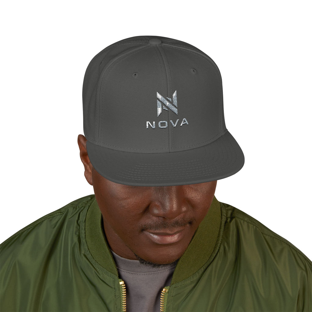 Embroidered Nova Snapback Hat – Black/Charcoal Flat Brim Cap