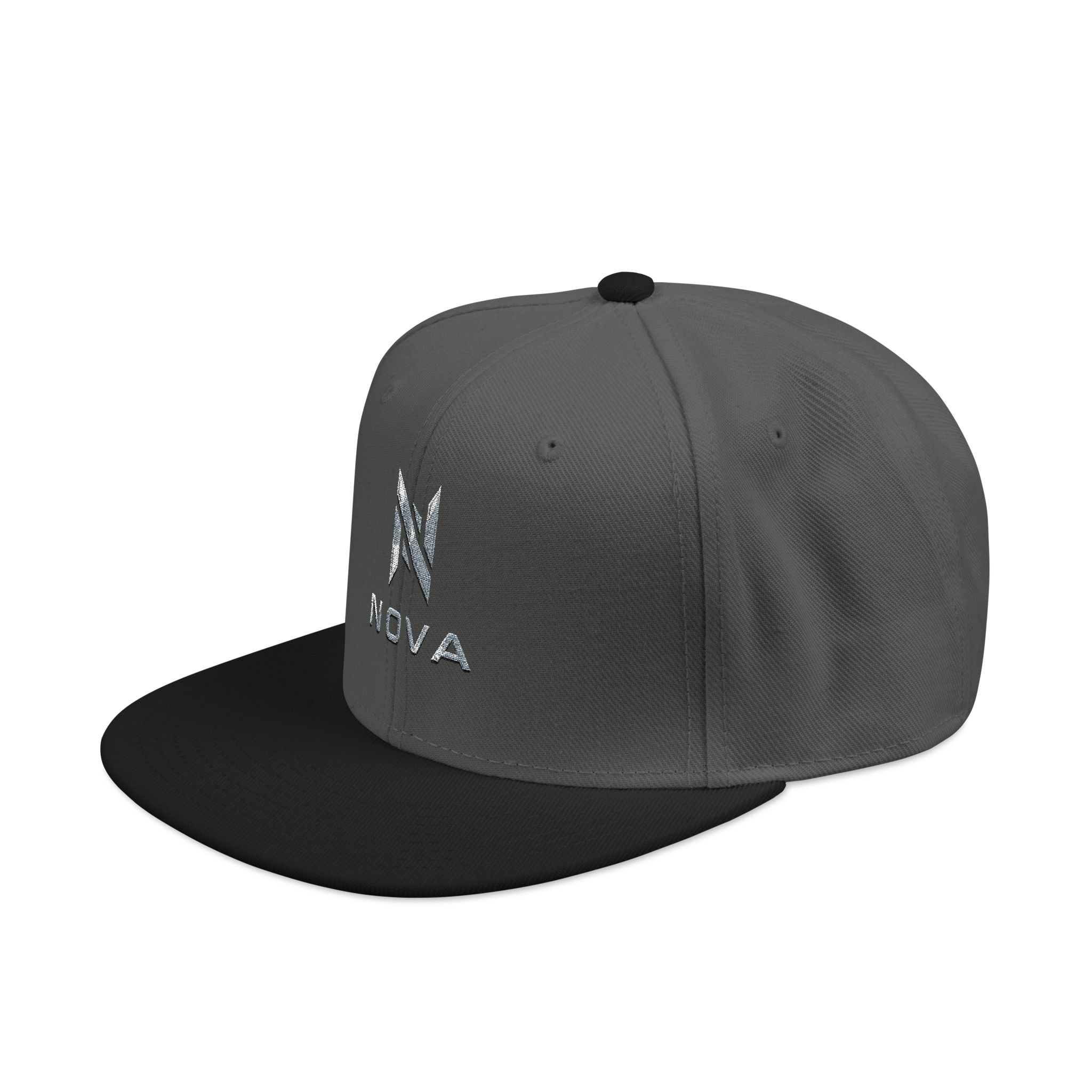 Embroidered Nova Snapback Hat – Black/Charcoal Flat Brim Cap