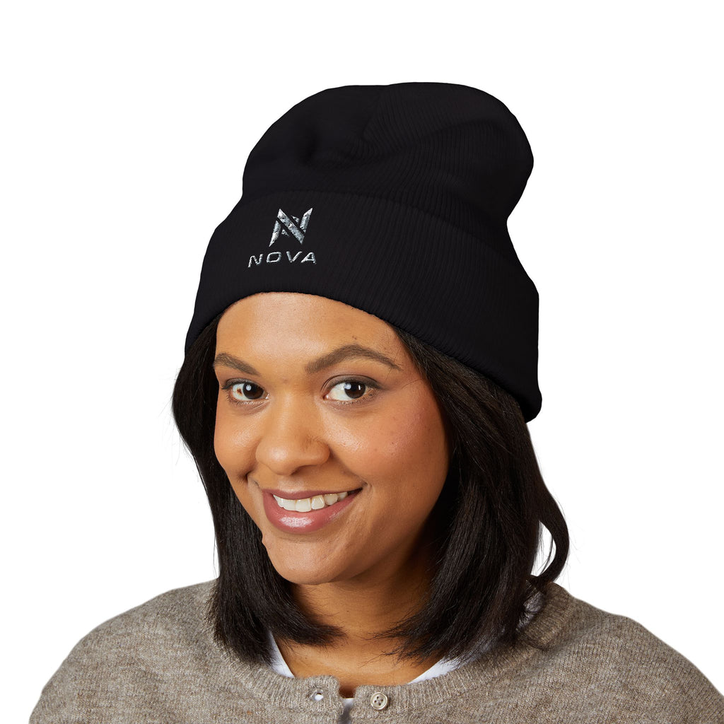 Embroidered Nova Cuffed Beanie — Classic Knit Winter Hat