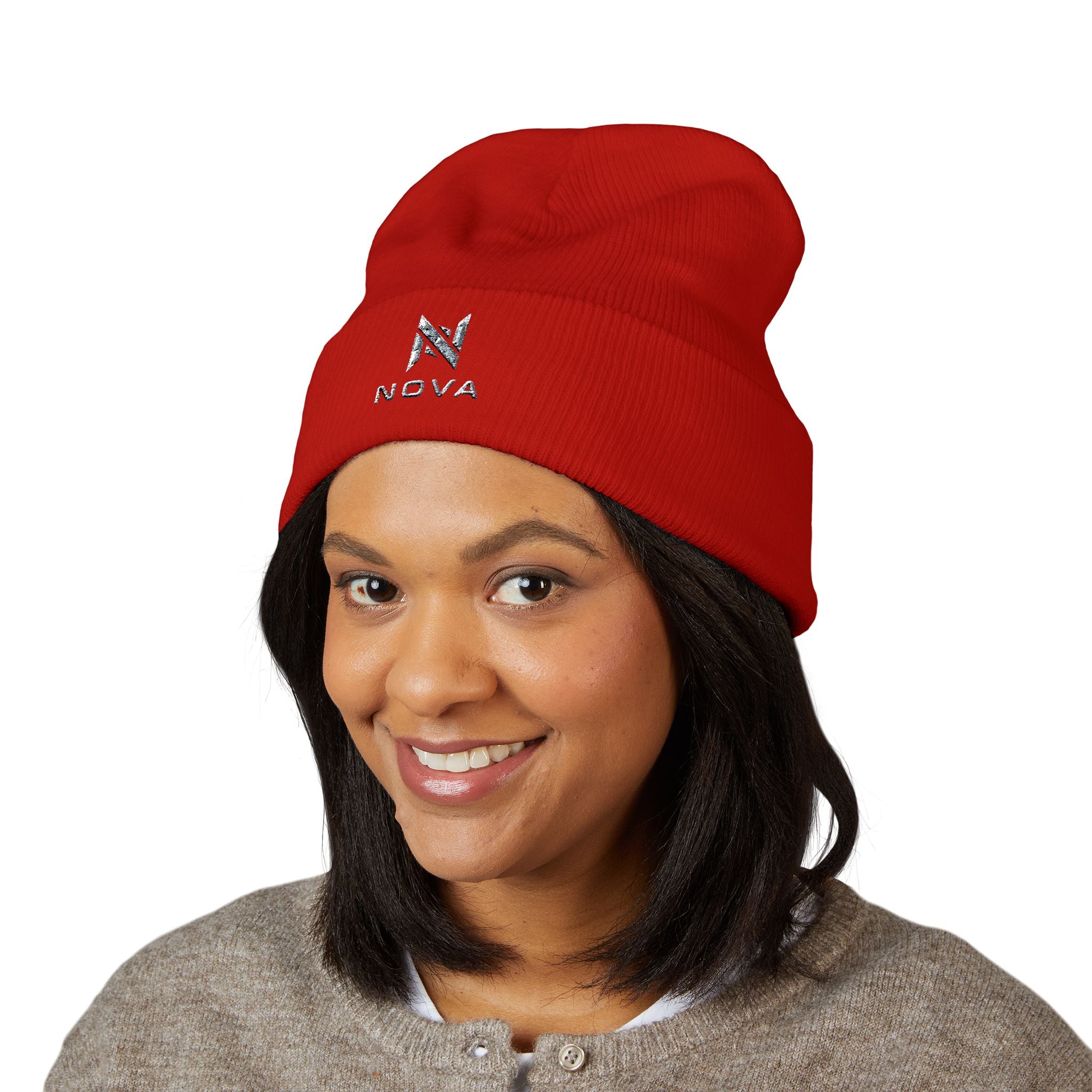 Embroidered Nova Cuffed Beanie — Classic Knit Winter Hat