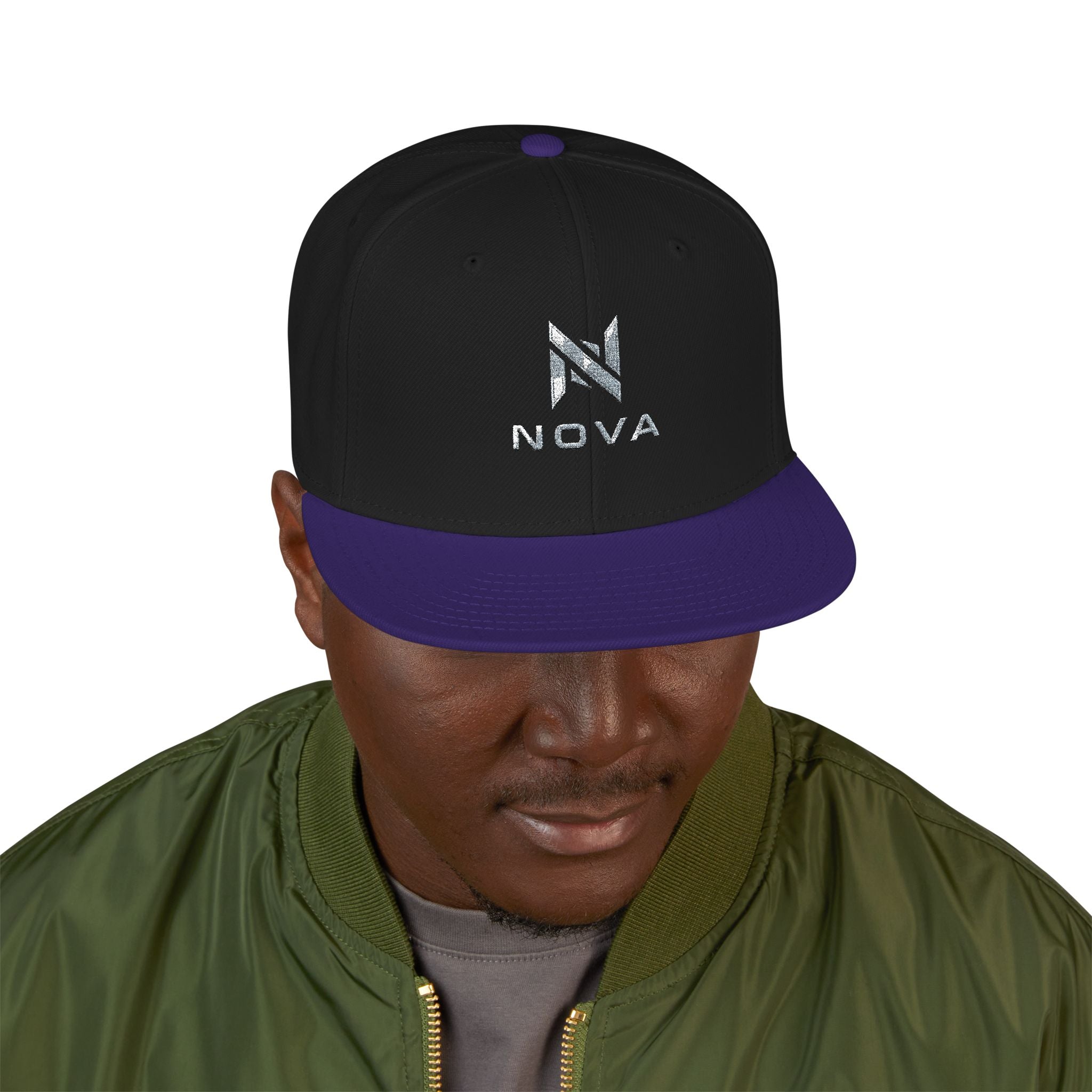 Embroidered Nova Snapback Hat – Black/Charcoal Flat Brim Cap