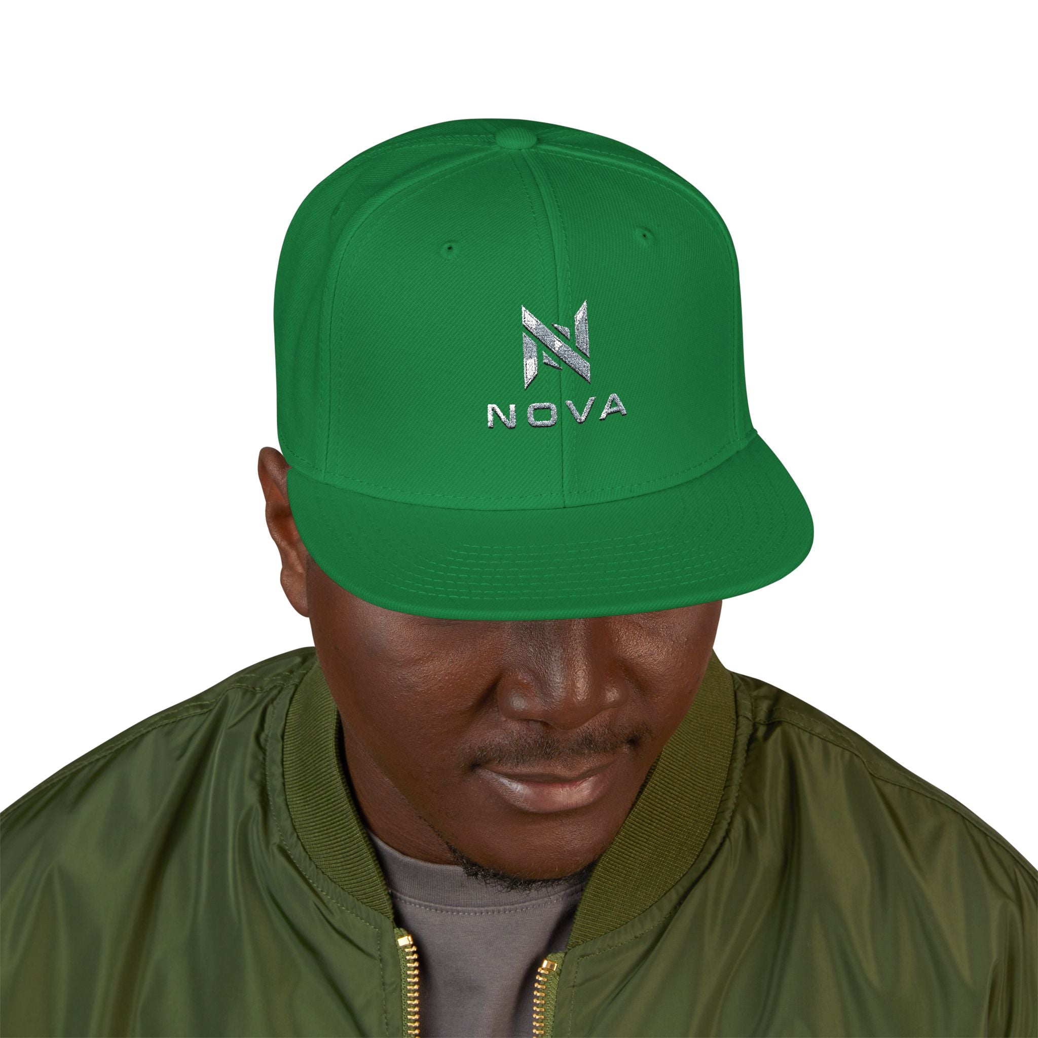Embroidered Nova Snapback Hat – Black/Charcoal Flat Brim Cap