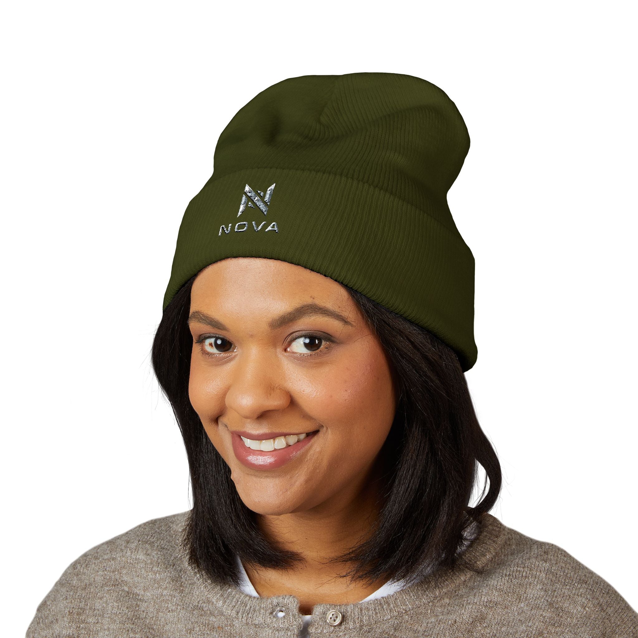 Embroidered Nova Cuffed Beanie — Classic Knit Winter Hat