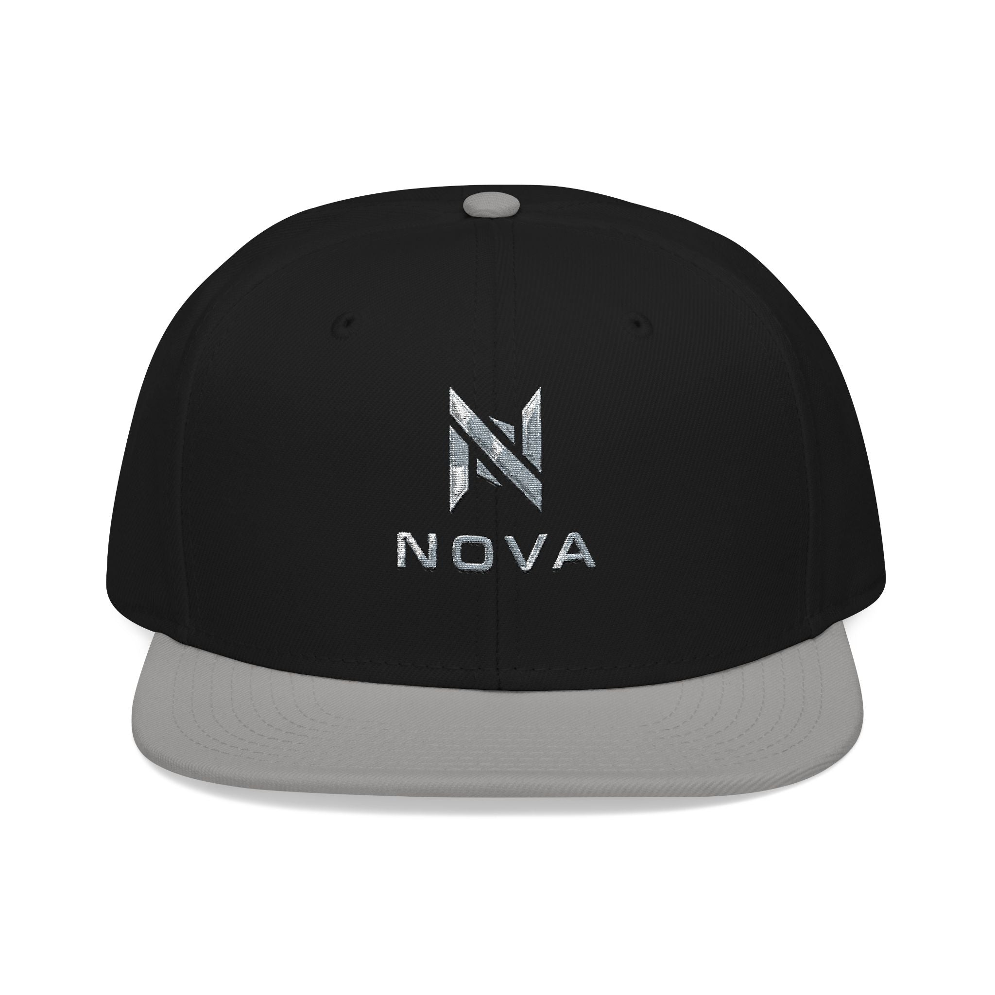 Embroidered Nova Snapback Hat – Black/Charcoal Flat Brim Cap