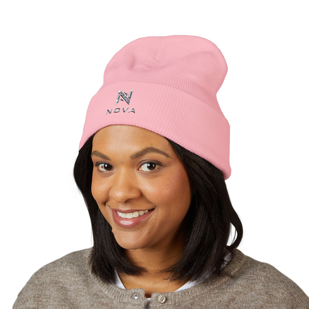Embroidered Nova Cuffed Beanie — Classic Knit Winter Hat