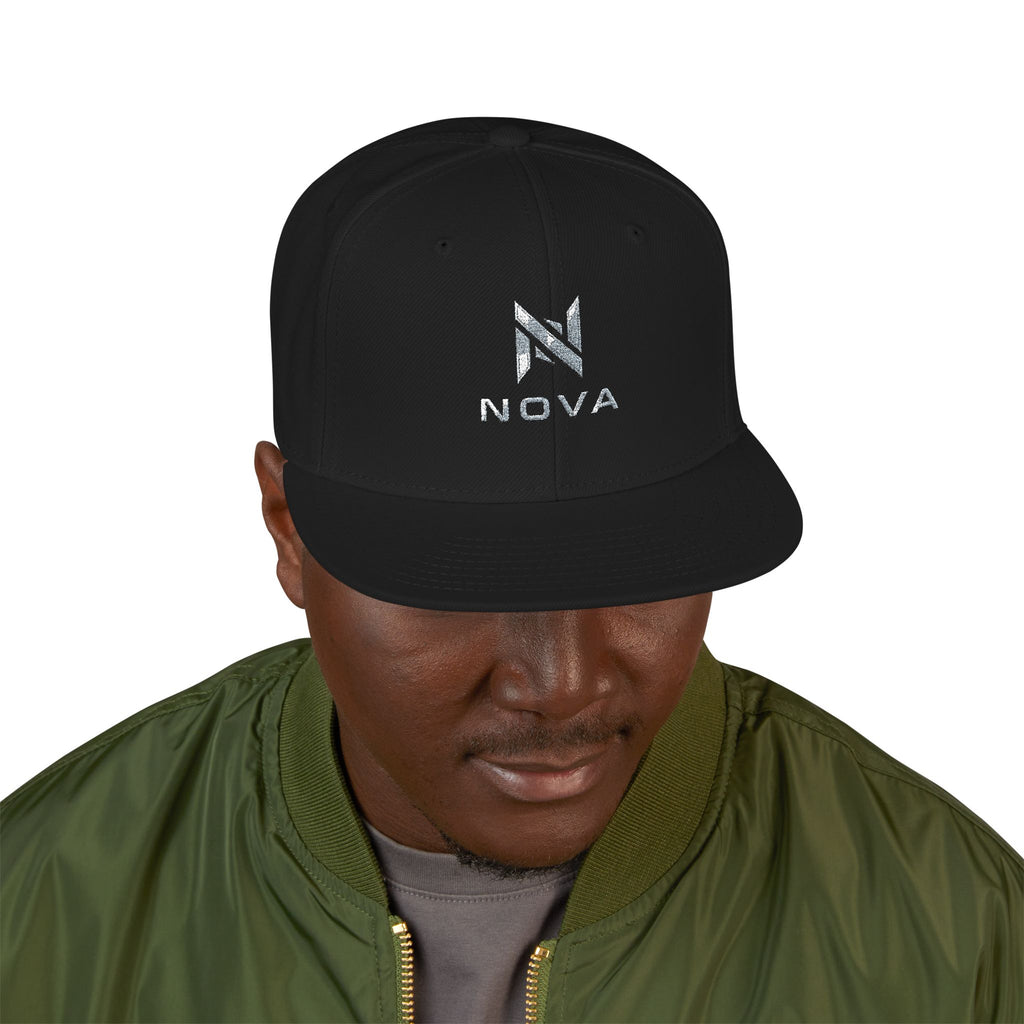 Embroidered Nova Snapback Hat – Black/Charcoal Flat Brim Cap