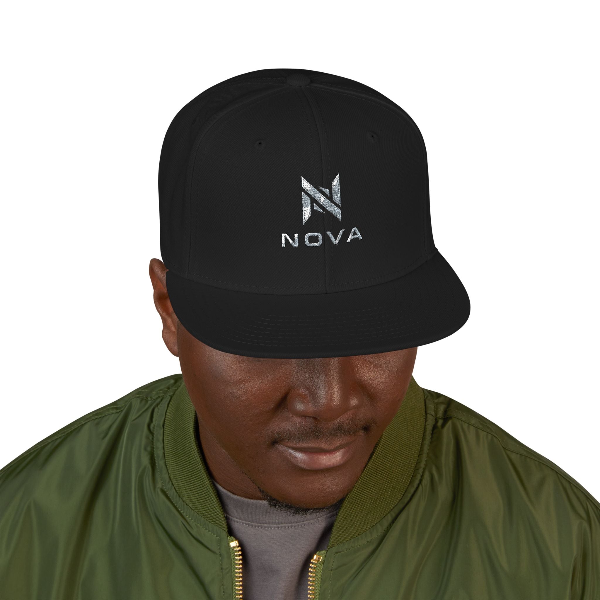 Embroidered Nova Snapback Hat – Black/Charcoal Flat Brim Cap
