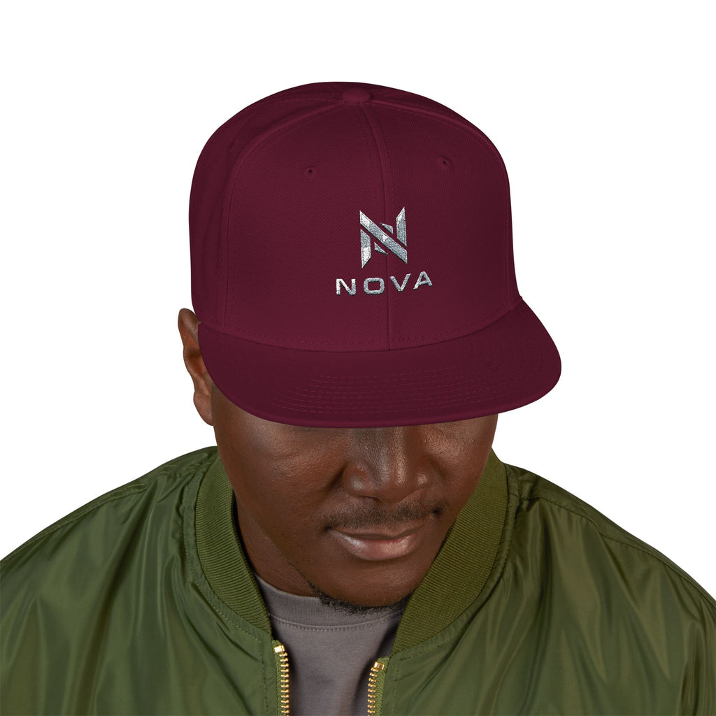 Embroidered Nova Snapback Hat – Black/Charcoal Flat Brim Cap