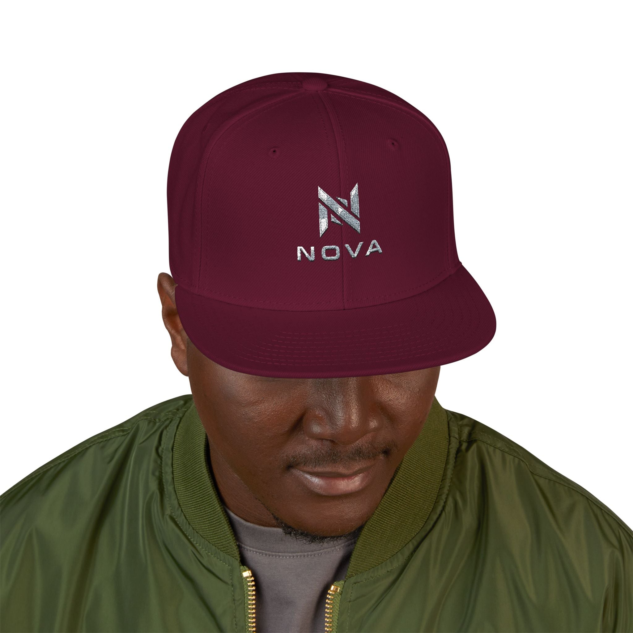 Embroidered Nova Snapback Hat – Black/Charcoal Flat Brim Cap