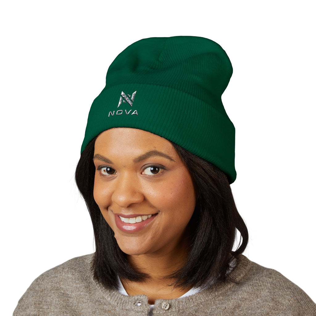 Embroidered Nova Cuffed Beanie — Classic Knit Winter Hat