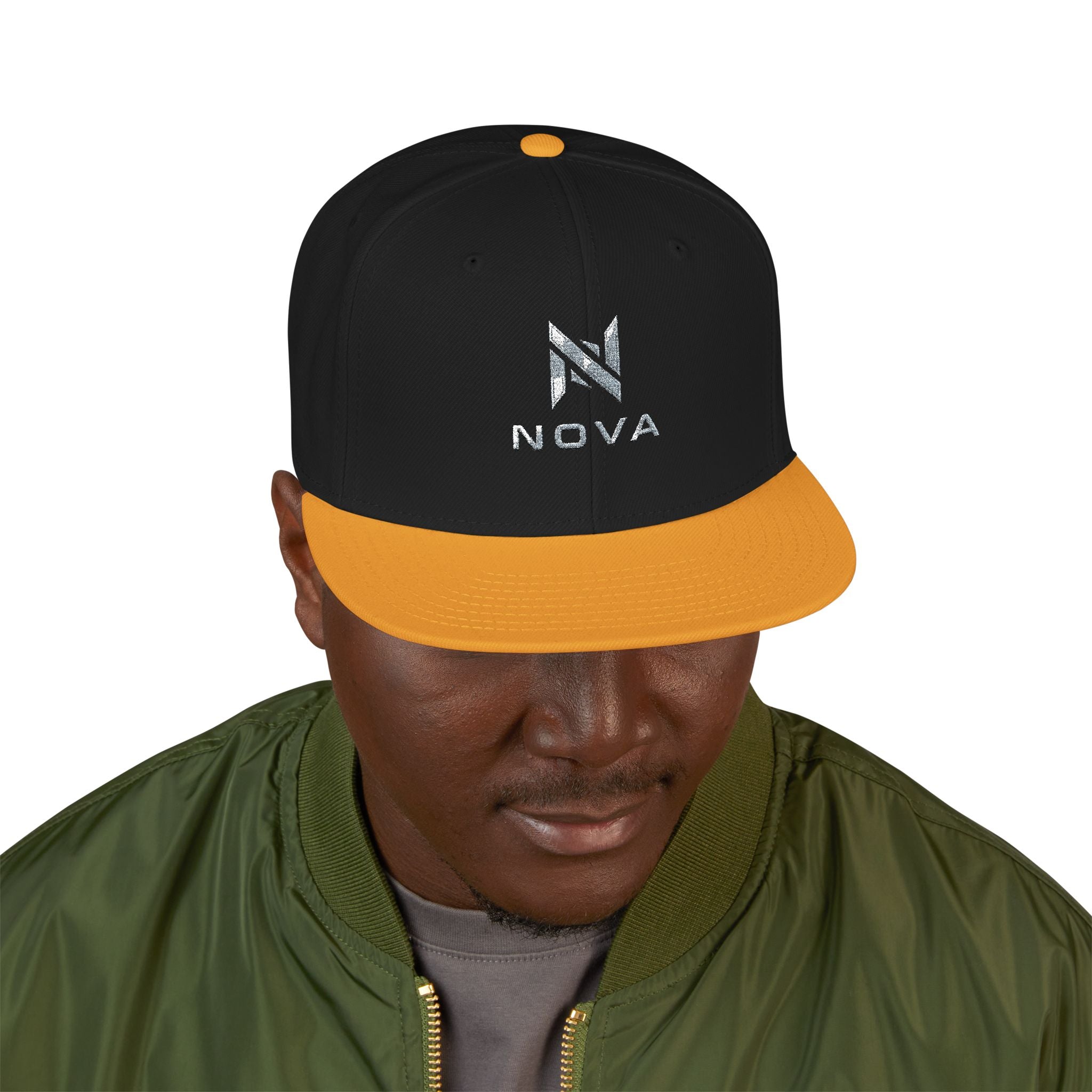 Embroidered Nova Snapback Hat – Black/Charcoal Flat Brim Cap