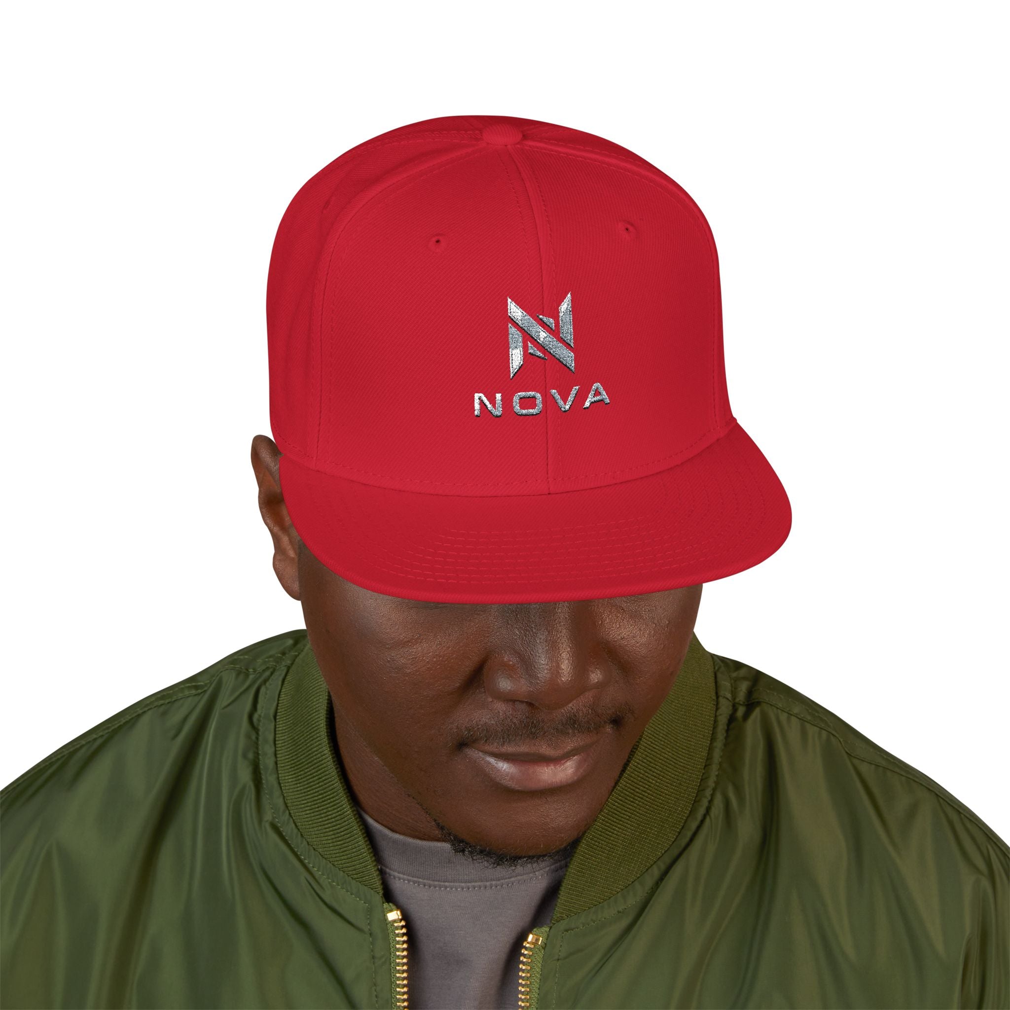 Embroidered Nova Snapback Hat – Black/Charcoal Flat Brim Cap