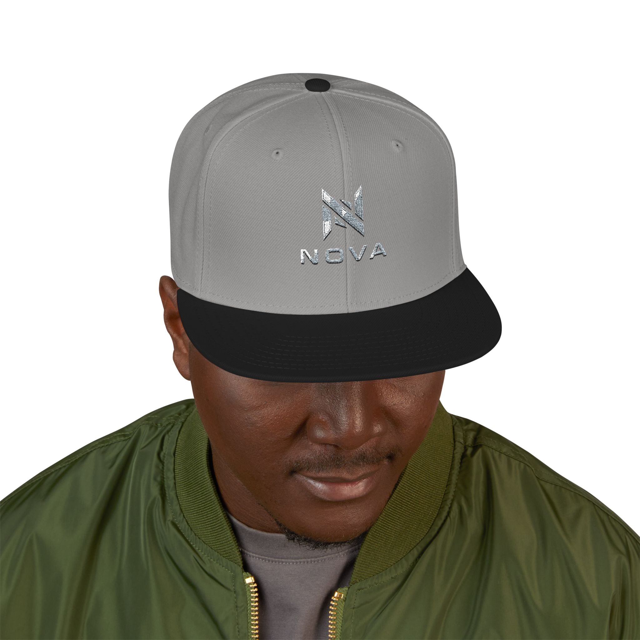 Embroidered Nova Snapback Hat – Black/Charcoal Flat Brim Cap