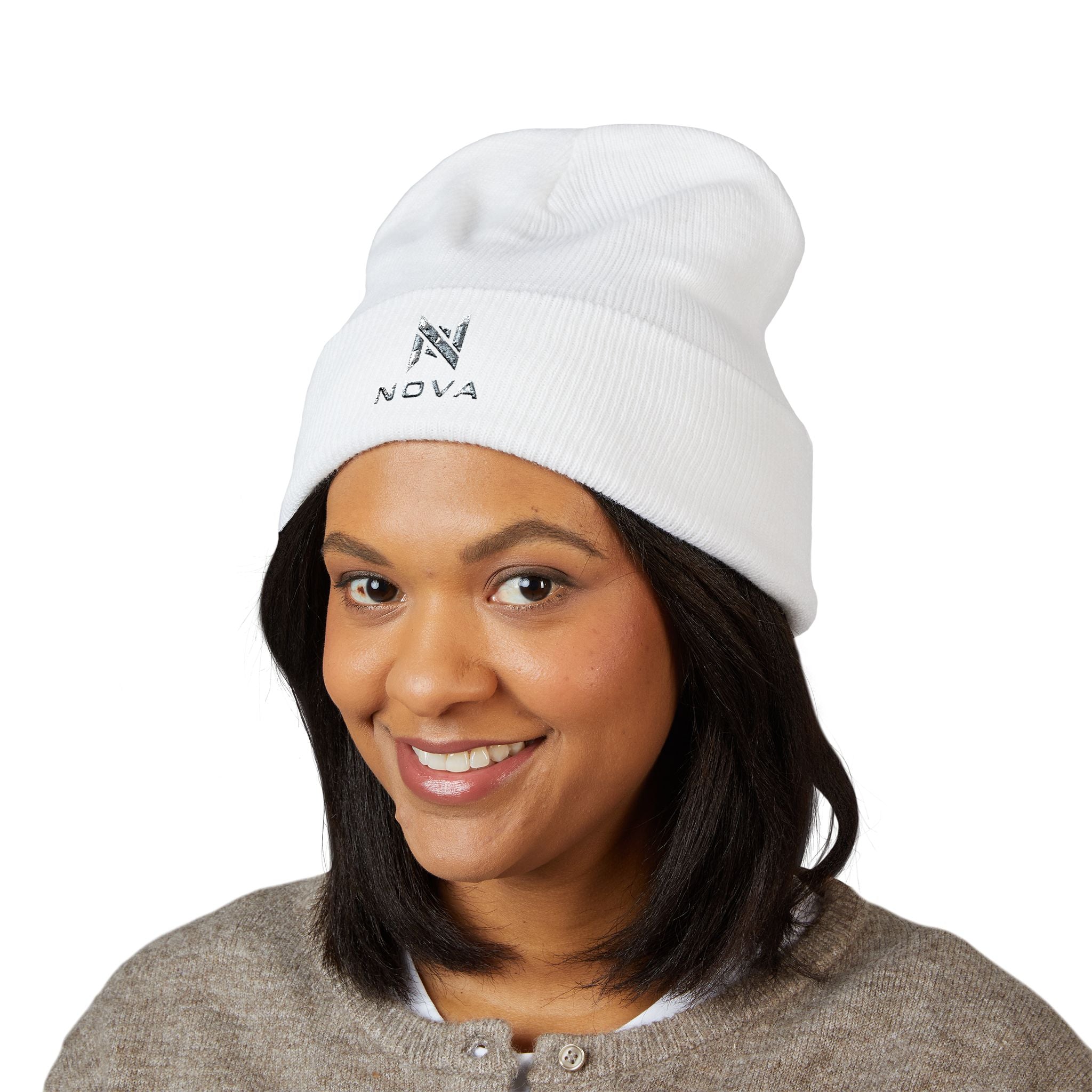 Embroidered Nova Cuffed Beanie — Classic Knit Winter Hat