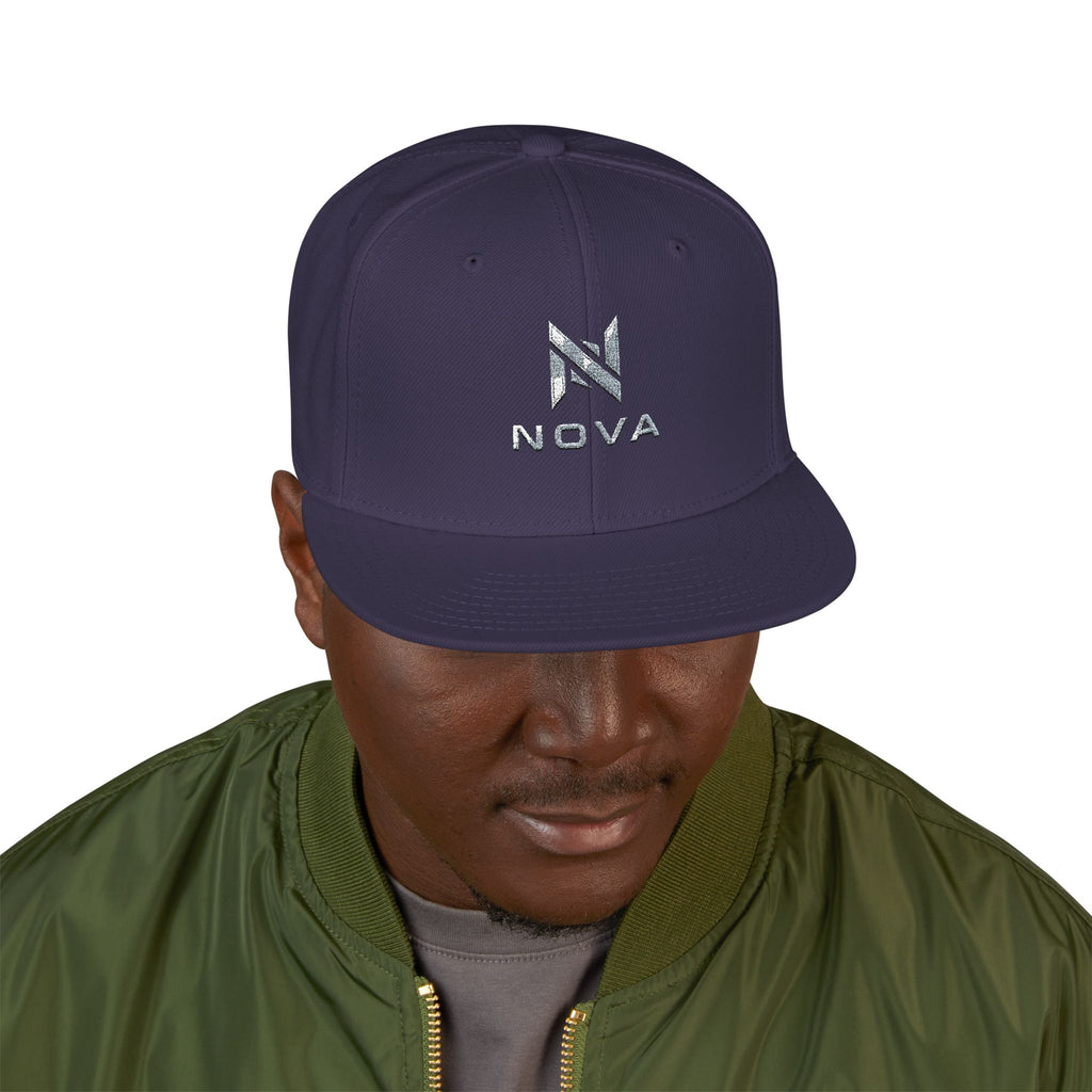 Embroidered Nova Snapback Hat – Black/Charcoal Flat Brim Cap