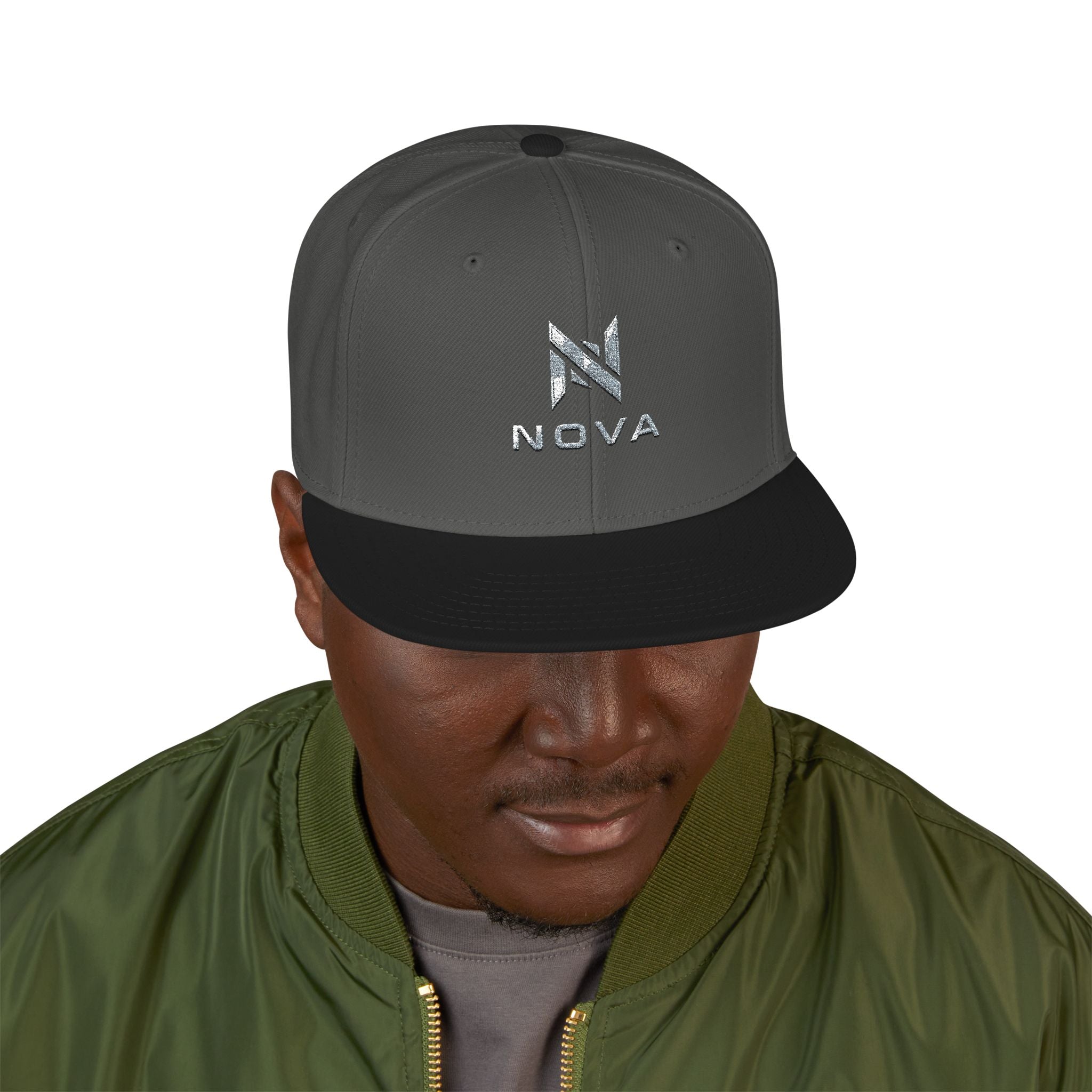 Embroidered Nova Snapback Hat – Black/Charcoal Flat Brim Cap