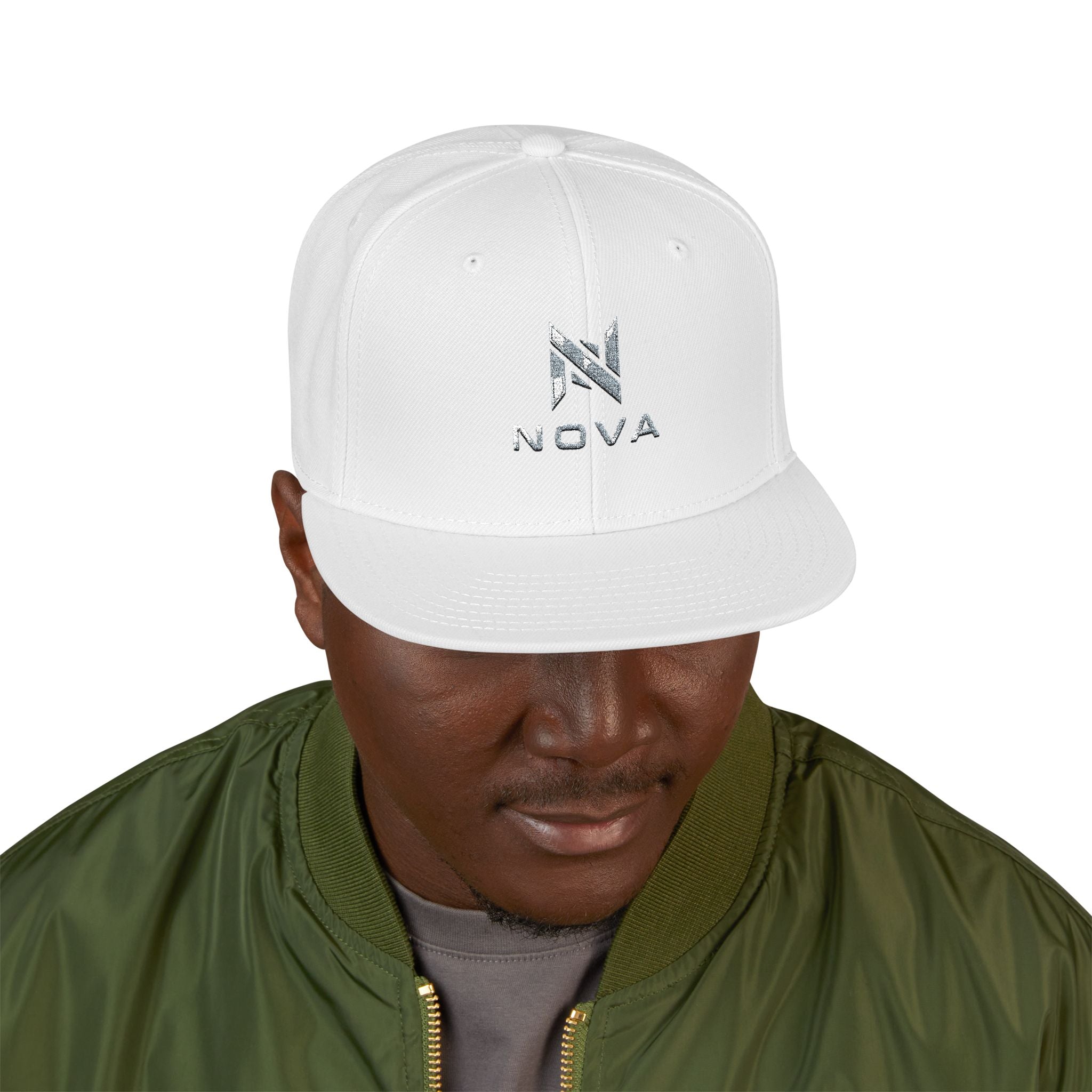 Embroidered Nova Snapback Hat – Black/Charcoal Flat Brim Cap