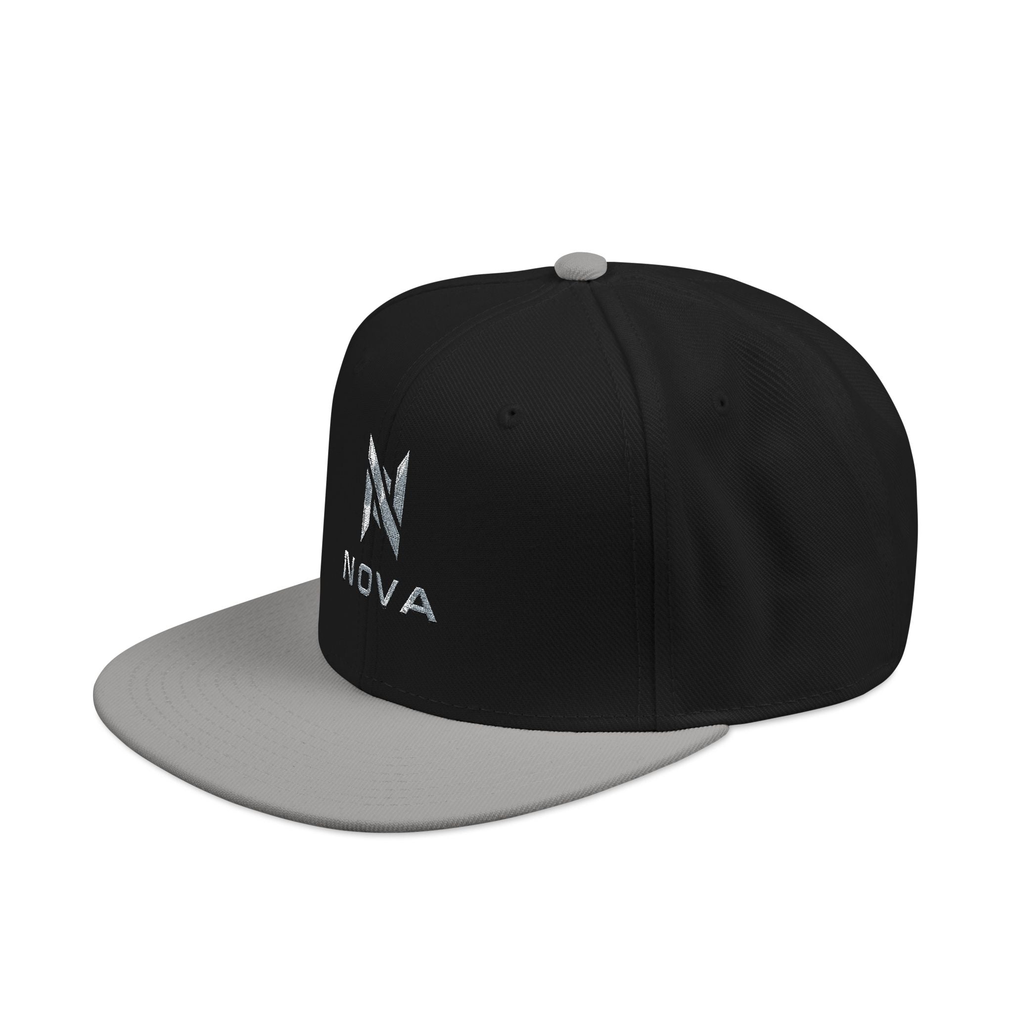 Embroidered Nova Snapback Hat – Black/Charcoal Flat Brim Cap